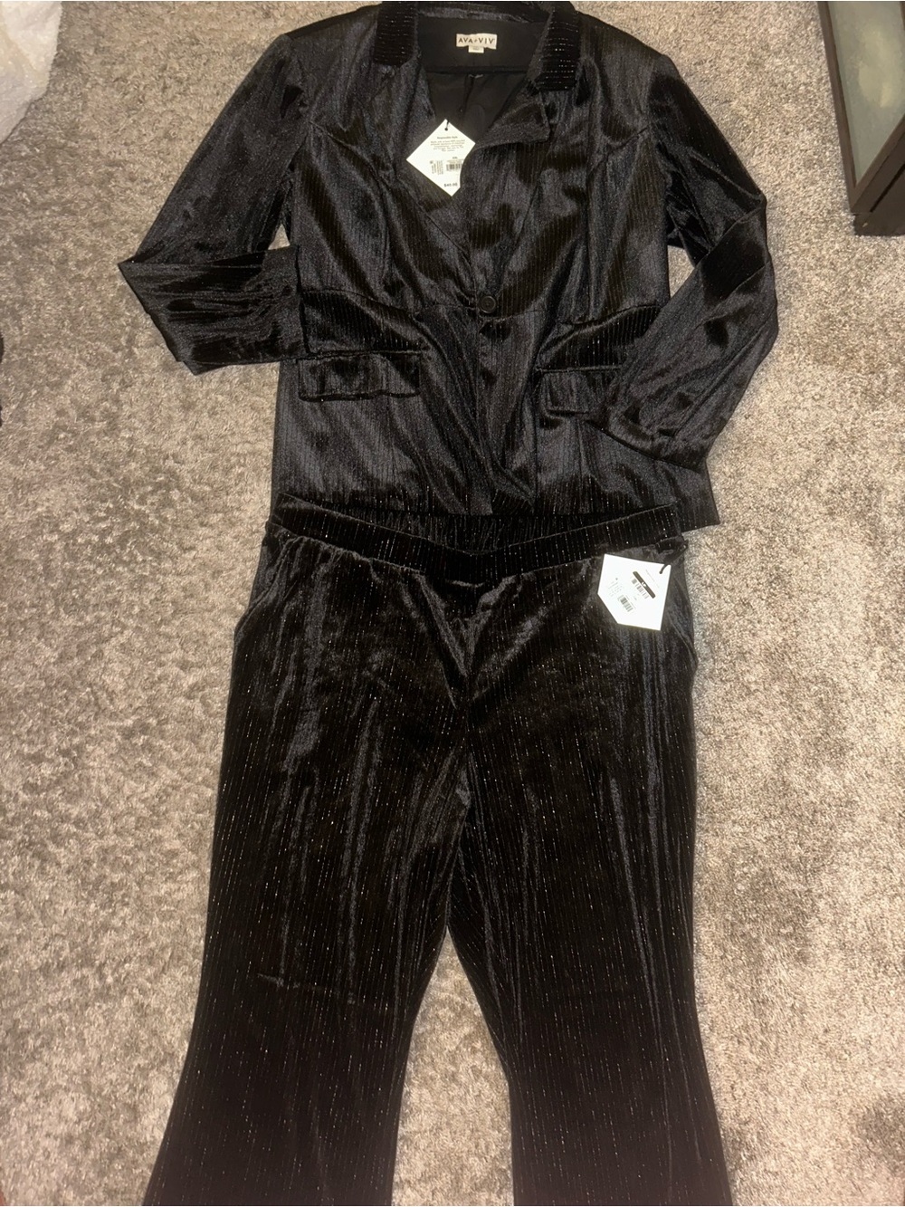 Ava & Viv Black Velvet Pinstripe Two-Piece Pantsuit